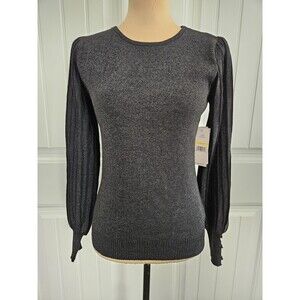 Nanette Lepore Black Lurex Ribbed Balloon Sleeve Sweater Silver Buttons sz M